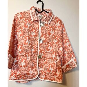 Patty Kim Jacket L 100% Cotton Orange Quilted Reversible Blazer‎ Dragon READ